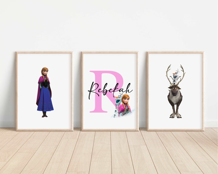 SET OF 3 Frozen Personalised Prints | Anna Elsa Sven Olaf Kristoff Princesses Bedroom Print Kids Children Nursery Bedroom Wall Disney Pixar