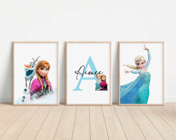 SET OF 3 Frozen Personalised Prints | Anna Elsa Sven Olaf Kristoff Princesses Bedroom Print Kids Children Nursery Bedroom Wall Disney Pixar