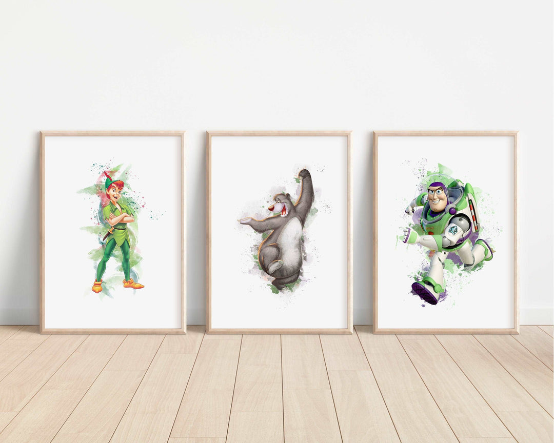 Watercolour Disney Prints | Simba Stitch Woody Peter Pan Sulley Boo Cars Bedroom Kid Children Newborn Baby Nursery Bedroom Wall Disney Pixar