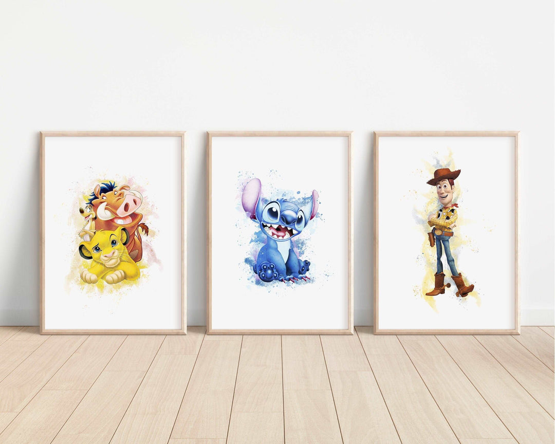 Watercolour Disney Prints | Simba Stitch Woody Peter Pan Sulley Boo Cars Bedroom Kid Children Newborn Baby Nursery Bedroom Wall Disney Pixar