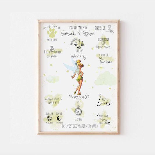 Personalised The Day You Were Born Newborn Print | Tinkerbell Peter Pan Disney Bedroom Nursery Decor Baby Gift Mothers Day Pixar Neverland