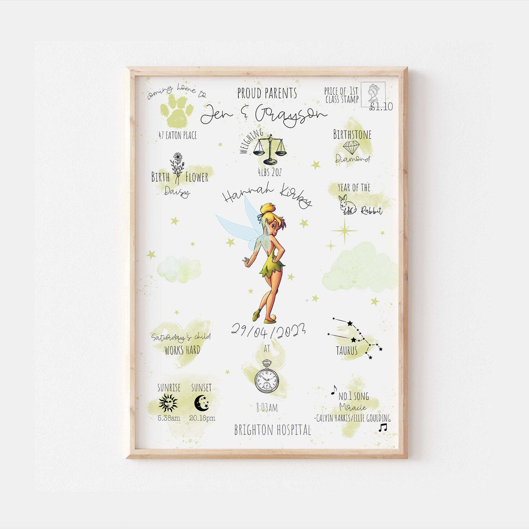 Personalised The Day You Were Born Newborn Print | Tinkerbell Peter Pan Disney Bedroom Nursery Decor Baby Gift Mothers Day Pixar Neverland