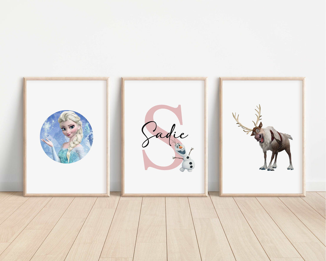 SET OF 3 Frozen Personalised Prints | Anna Elsa Sven Olaf Kristoff Princesses Bedroom Print Kids Children Nursery Bedroom Wall Disney Pixar