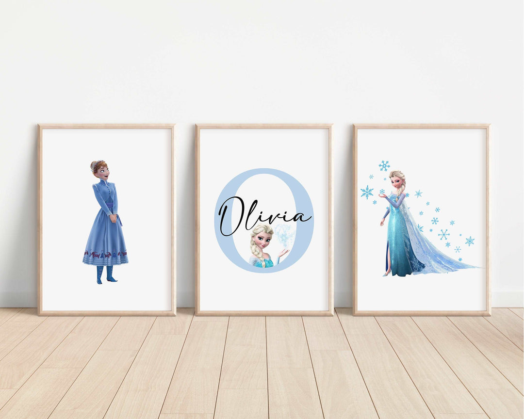 SET OF 3 Frozen Personalised Prints | Anna Elsa Sven Olaf Kristoff Princesses Bedroom Print Kids Children Nursery Bedroom Wall Disney Pixar