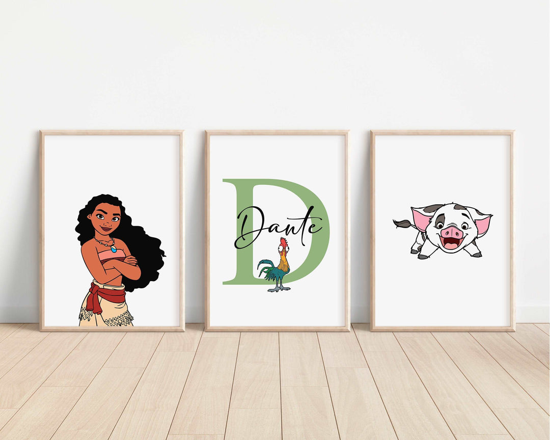 SET OF 3 Moana Personalised Prints | Hei Hei Pua Tamatoa Maui Princesses Bedroom Print Kids Children Nursery Bedroom Wall Disney Pixar