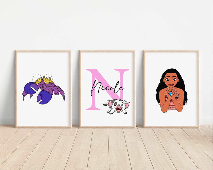 SET OF 3 Moana Personalised Prints | Hei Hei Pua Tamatoa Maui Princesses Bedroom Print Kids Children Nursery Bedroom Wall Disney Pixar