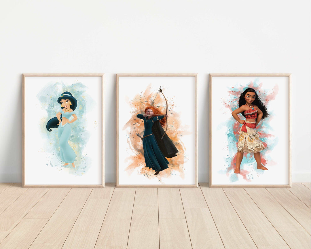 Disney Princesses Watercolour Prints |Aurora Rapunzel Tiana Ariel Moana Elsa Bedroom Print Kids Children Nursery Bedroom Art Wall Pixar