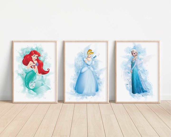 Disney Princesses Watercolour Prints |Aurora Rapunzel Tiana Ariel Moana Elsa Bedroom Print Kids Children Nursery Bedroom Art Wall Pixar