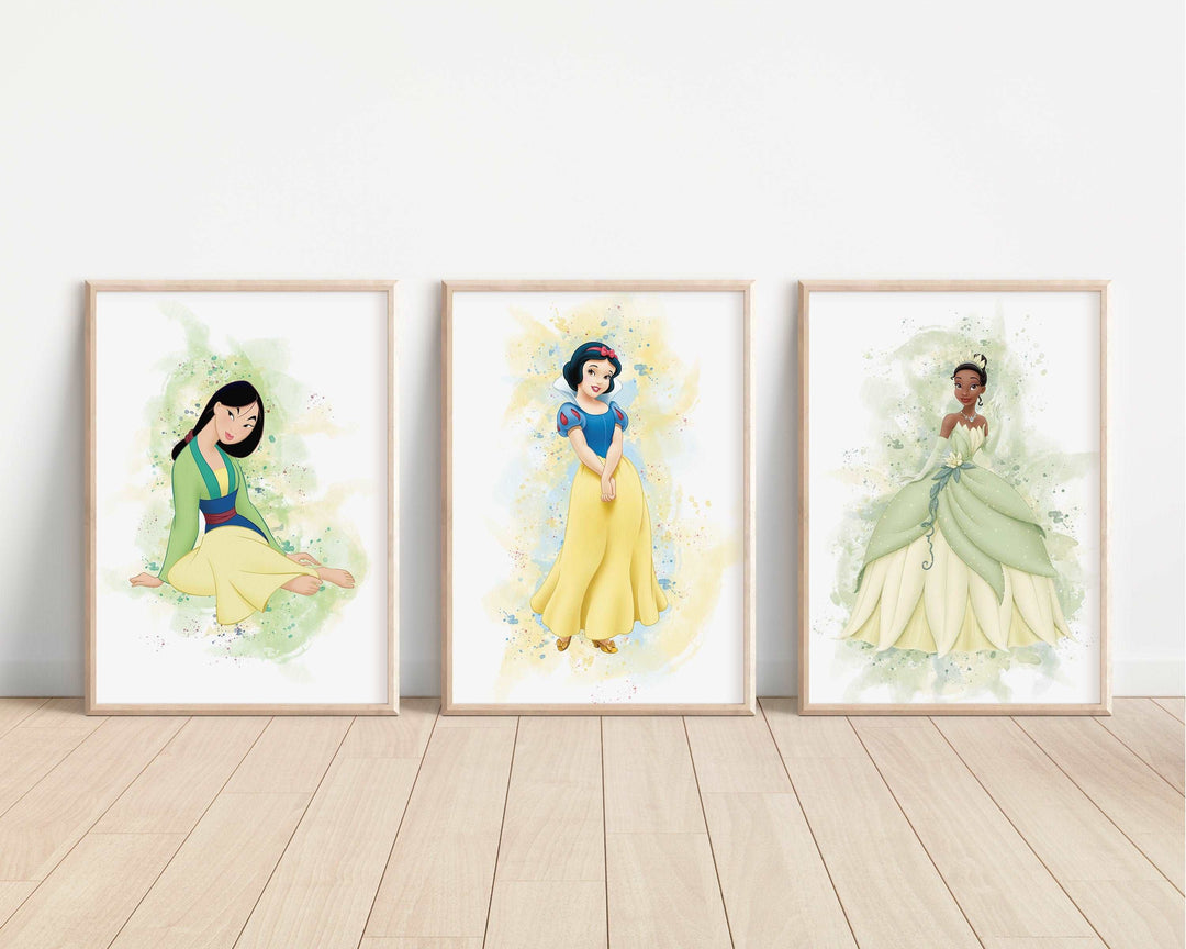 Disney Princesses Watercolour Prints |Aurora Rapunzel Tiana Ariel Moana Elsa Bedroom Print Kids Children Nursery Bedroom Art Wall Pixar