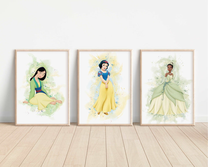 Disney Princesses Watercolour Prints |Aurora Rapunzel Tiana Ariel Moana Elsa Bedroom Print Kids Children Nursery Bedroom Art Wall Pixar