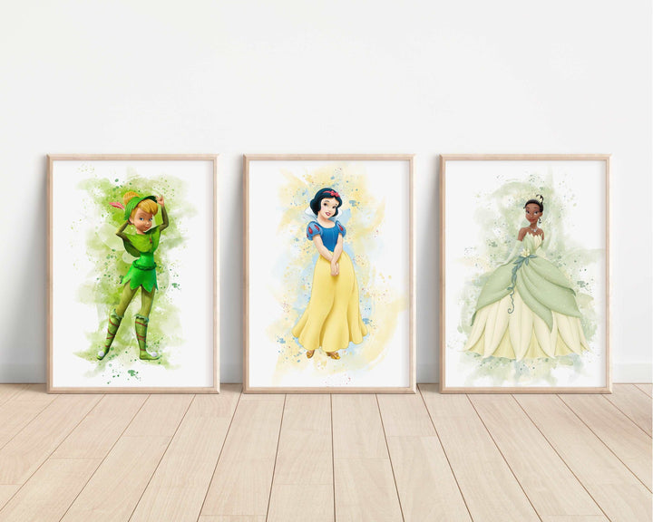 Disney Princesses Watercolour Prints |Aurora Rapunzel Tiana Ariel Moana Elsa Bedroom Print Kids Children Nursery Bedroom Art Wall Pixar