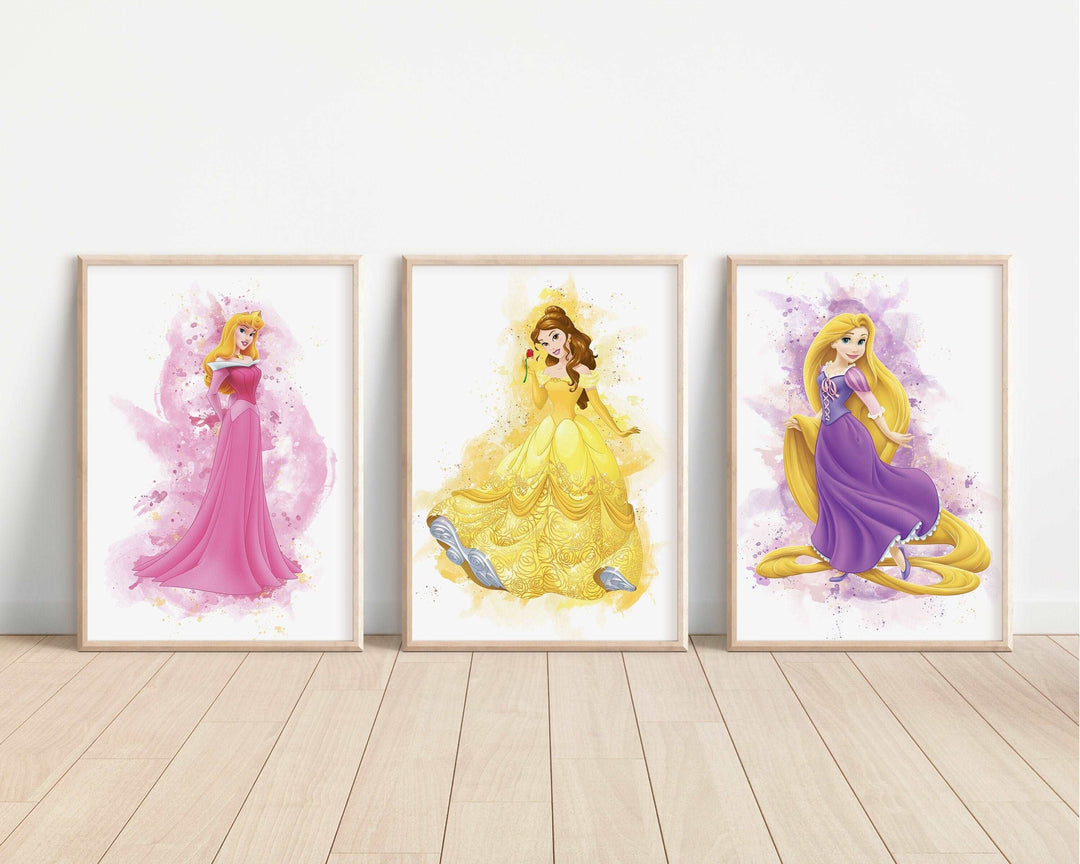 Disney Princesses Watercolour Prints |Aurora Rapunzel Tiana Ariel Moana Elsa Bedroom Print Kids Children Nursery Bedroom Art Wall Pixar