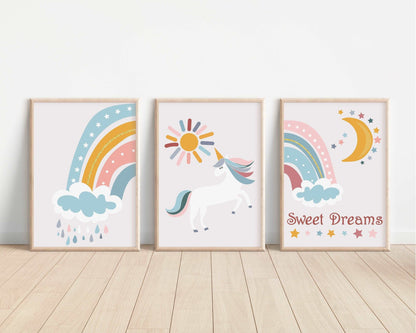 SET OF 3 Unicorn Rainbow Prints | Dreams Magical Creature Bedtime Happy Cute Scandi Bedroom Print Kids Children Nursery Bedroom Art Wall