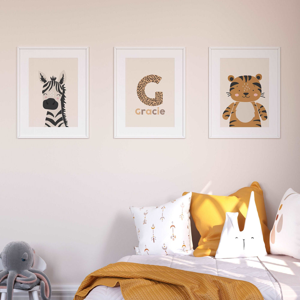 SET OF 3 Safari Animals Personalised Prints | Zebra Tiger Pastel Earth Jungle Scandi Bedroom Print Kids Children Nursery Bedroom Art Wall