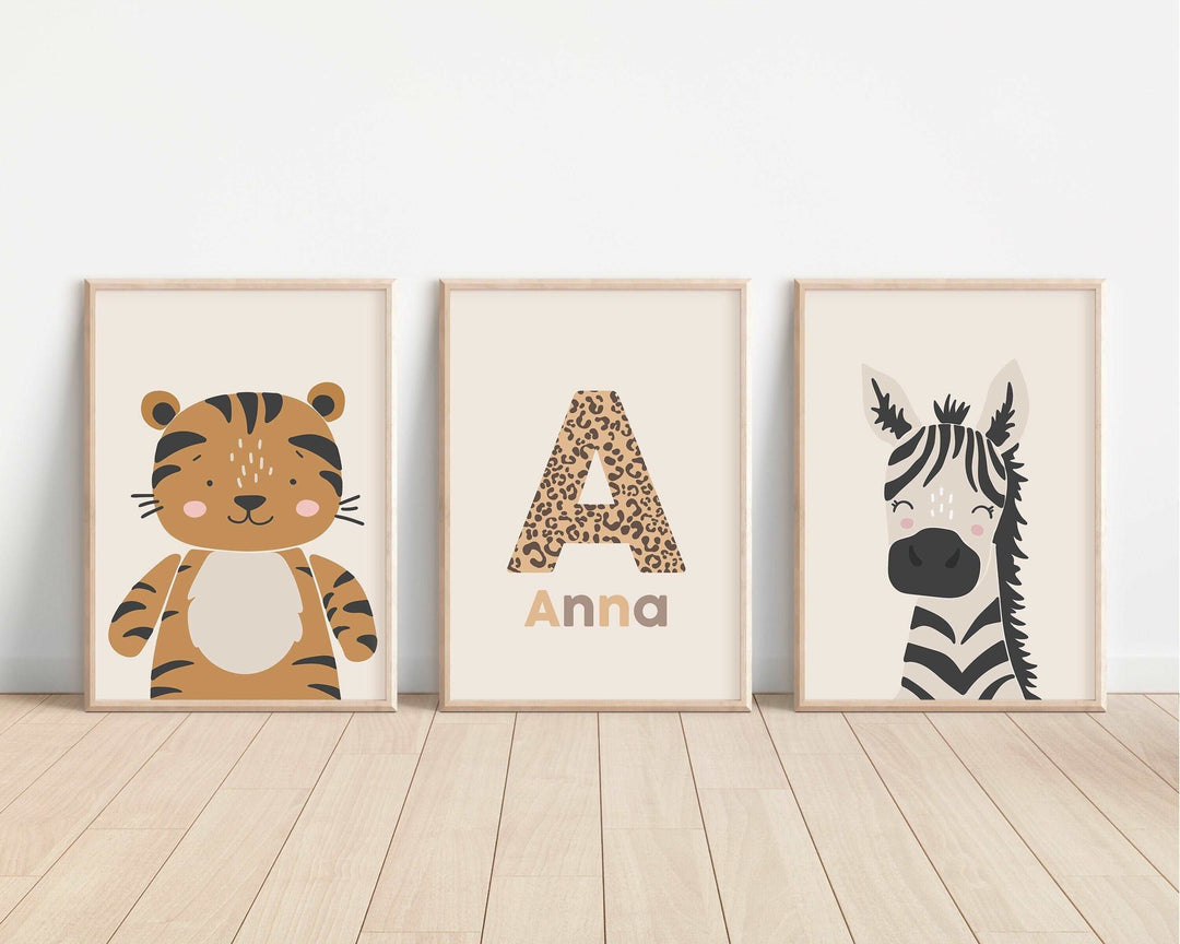 SET OF 3 Safari Animals Personalised Prints | Zebra Tiger Pastel Earth Jungle Scandi Bedroom Print Kids Children Nursery Bedroom Art Wall