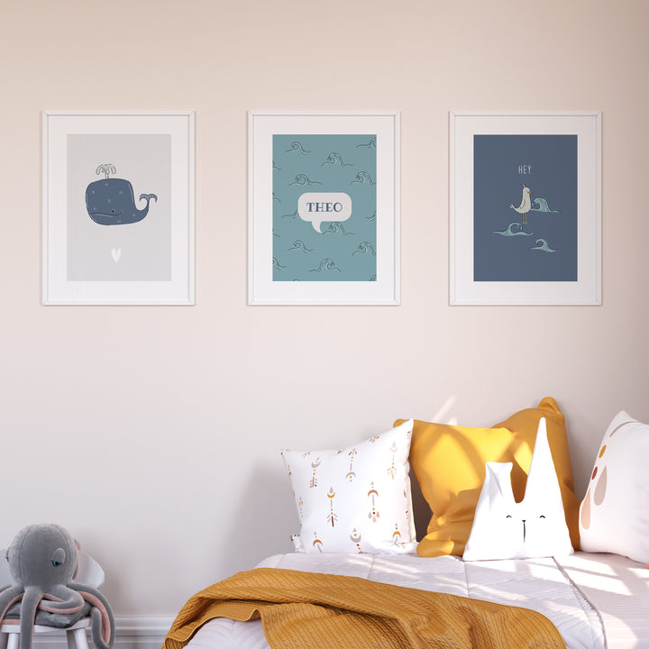 SET OF 3 Nautical Personalised Prints | Seaside Prints | Sailor Bedroom Decor Whale Seagull Ocean Kids Children Nursery Bedroom Art Wall