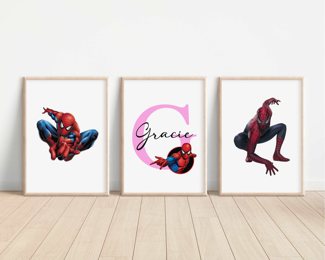 SET OF 3 Spiderman Personalised Prints | Marvel Avengers Artwork | Superhero Bedroom Nursery Decor | Birthday Gift Disney Pixar