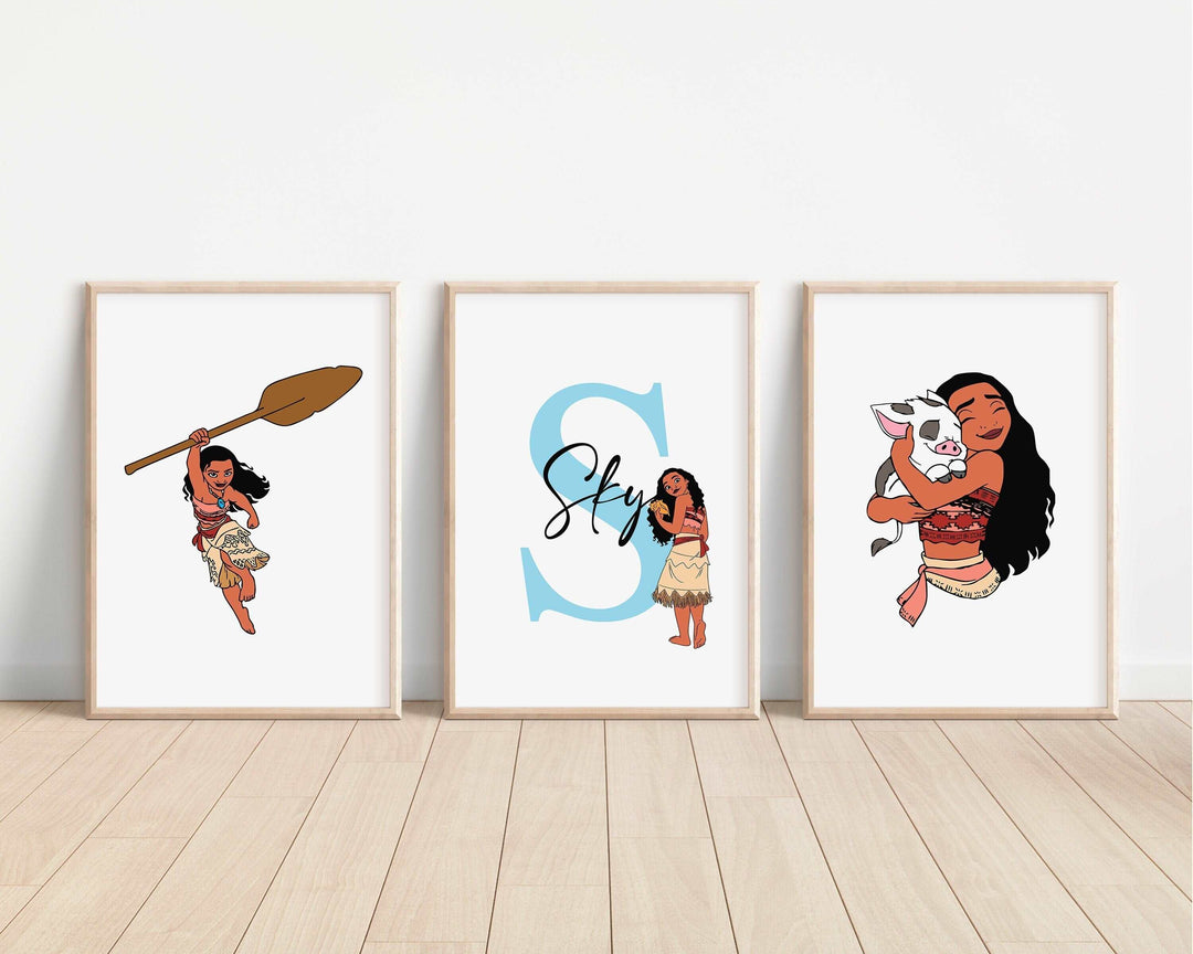 SET OF 3 Moana Personalised Prints | Hei Hei Pua Tamatoa Maui Princesses Bedroom Print Kids Children Nursery Bedroom Wall Disney Pixar