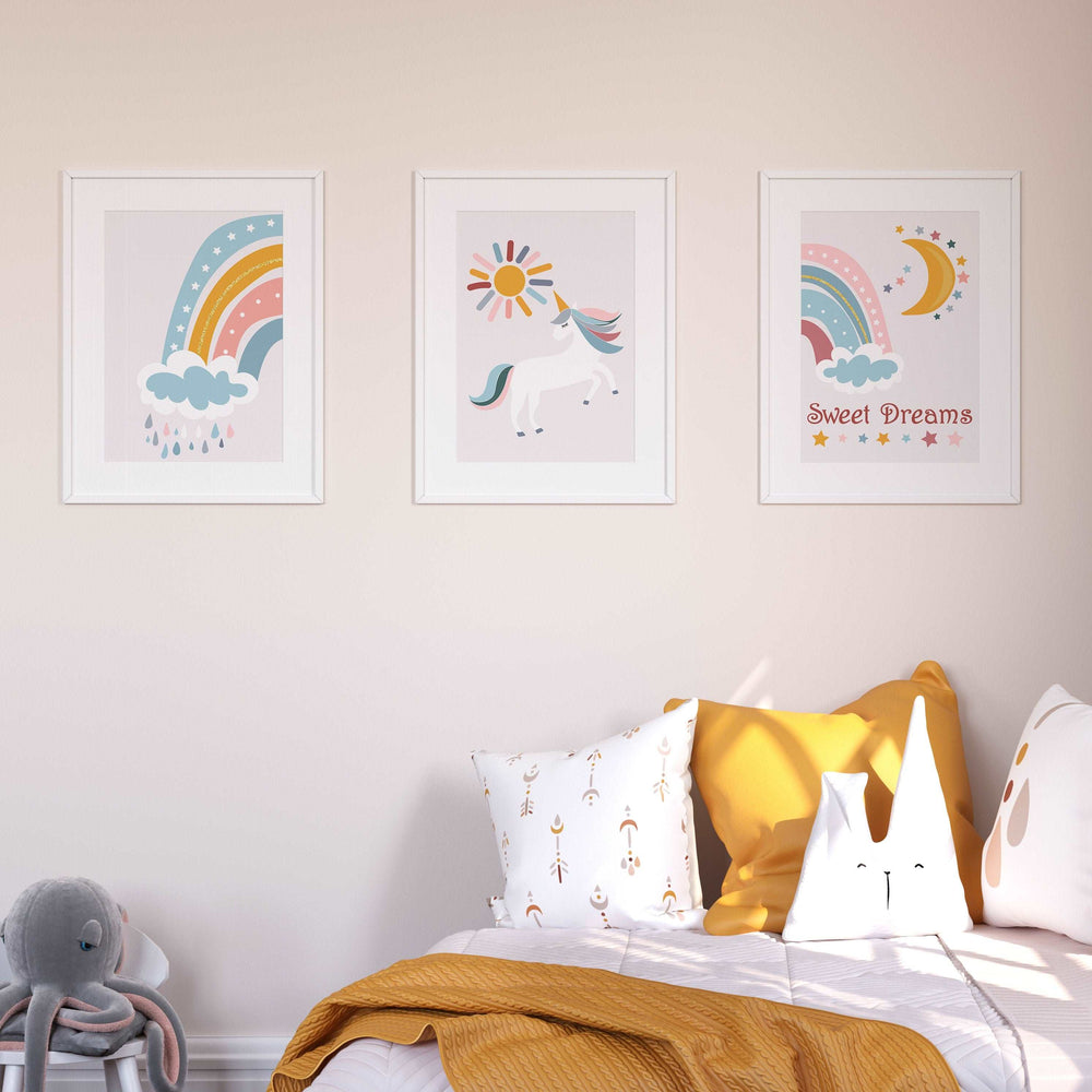 SET OF 3 Unicorn Rainbow Prints | Dreams Magical Creature Bedtime Happy Cute Scandi Bedroom Print Kids Children Nursery Bedroom Art Wall