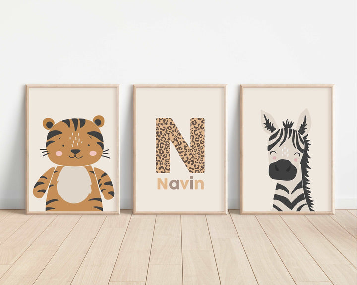 SET OF 3 Safari Animals Personalised Prints | Zebra Tiger Pastel Earth Jungle Scandi Bedroom Print Kids Children Nursery Bedroom Art Wall