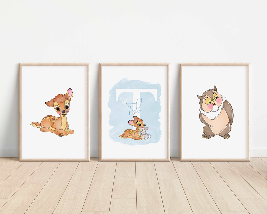 SET OF 3 Bambi Personalised Prints | Watercolour Thumper Flower Owl Miss Bunny Woodland Bedroom Kids Children Nursery Art Wall Disney Pixar