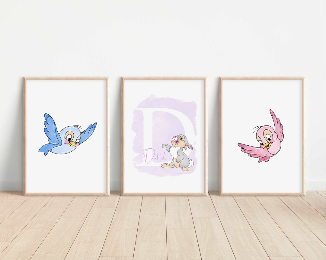 SET OF 3 Bambi Personalised Prints | Watercolour Thumper Flower Owl Miss Bunny Woodland Bedroom Kids Children Nursery Art Wall Disney Pixar