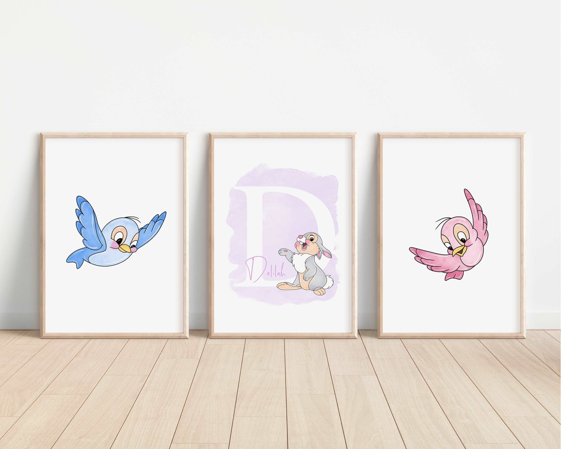 SET OF 3 Bambi Personalised Prints | Watercolour Thumper Flower Owl Miss Bunny Woodland Bedroom Kids Children Nursery Art Wall Disney Pixar