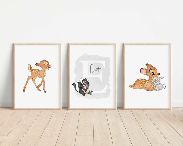 SET OF 3 Bambi Personalised Prints | Watercolour Thumper Flower Owl Miss Bunny Woodland Bedroom Kids Children Nursery Art Wall Disney Pixar