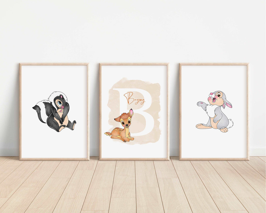 SET OF 3 Bambi Personalised Prints | Watercolour Thumper Flower Owl Miss Bunny Woodland Bedroom Kids Children Nursery Art Wall Disney Pixar