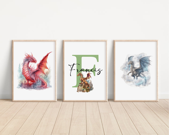 SET OF 3 Dragons Personalized Print | Mythological Creatures Bedroom Decor | Kids Fantasy Watercolour Children Nursery Bedroom Art Wall