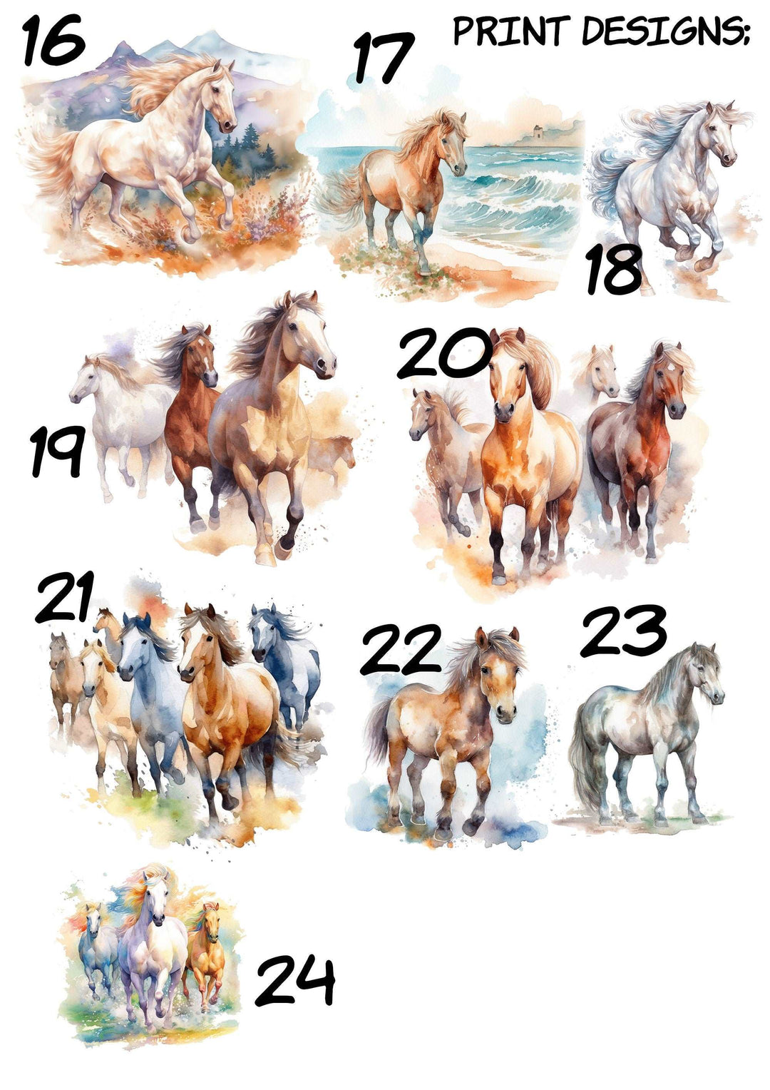 SET OF 3 Horses Personalized Print | Shire Friesian Thoroughbred Pony Bedroom Decor | Kids Watercolor Children Nursery Bedroom Art Wall