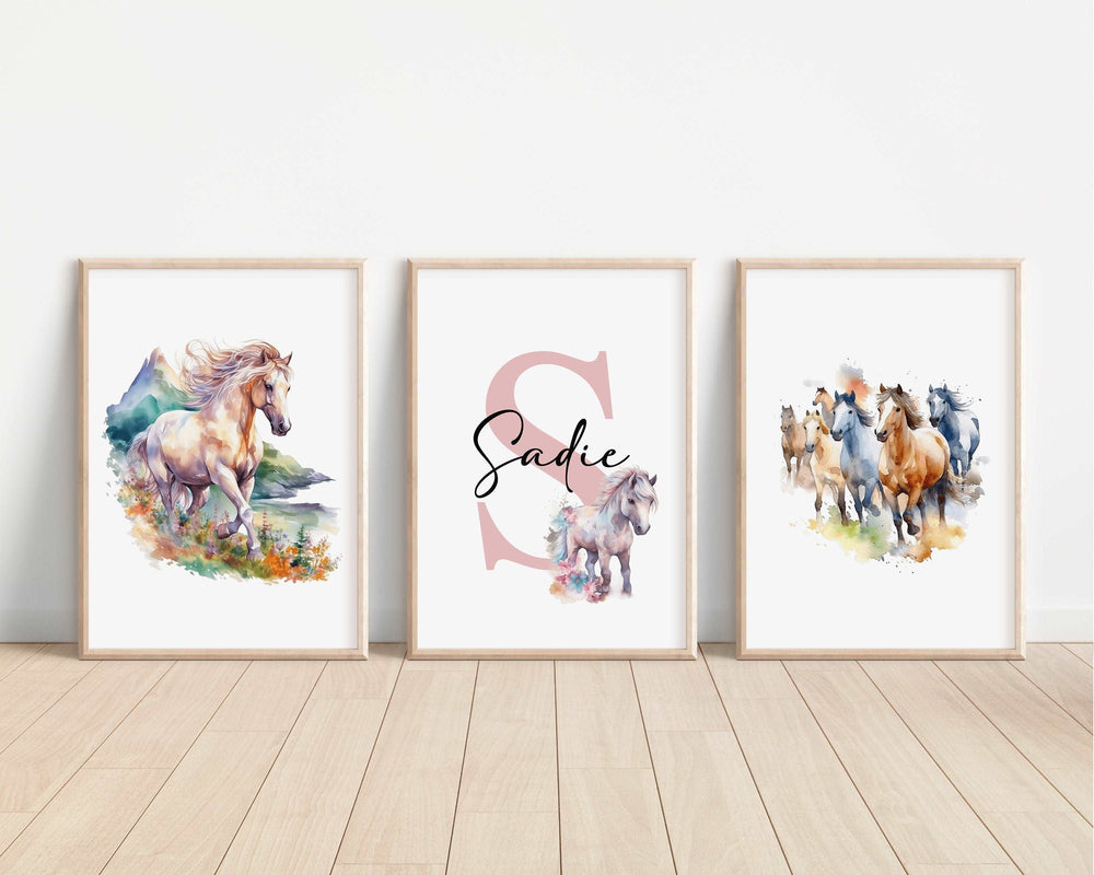 SET OF 3 Horses Personalized Print | Shire Friesian Thoroughbred Pony Bedroom Decor | Kids Watercolor Children Nursery Bedroom Art Wall