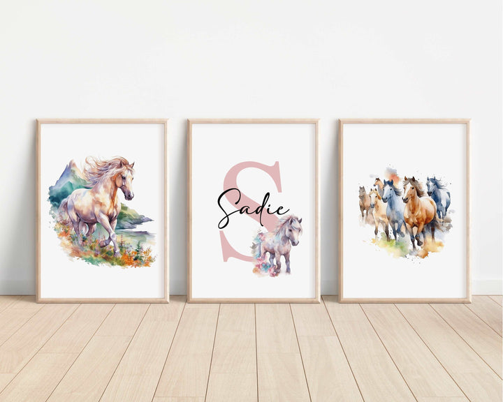 SET OF 3 Horses Personalized Print | Shire Friesian Thoroughbred Pony Bedroom Decor | Kids Watercolor Children Nursery Bedroom Art Wall