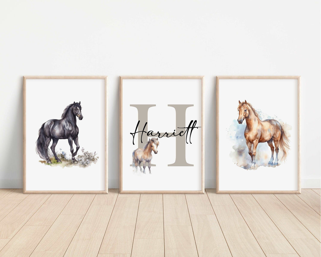 SET OF 3 Horses Personalized Print | Shire Friesian Thoroughbred Pony Bedroom Decor | Kids Watercolor Children Nursery Bedroom Art Wall