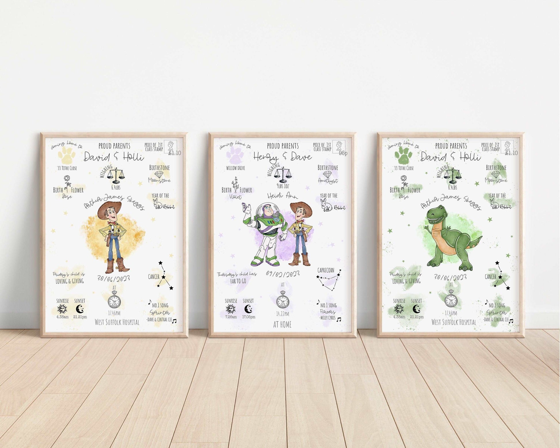Personalized The Day You Were Born Newborn Print | Toy Story Woody Buzz Rex Slinky Disney Watercolor Bedroom Nursery Decor Baby Gift Pixar