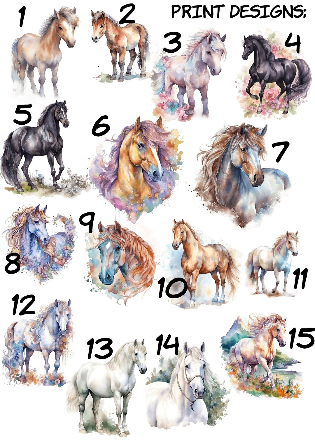 SET OF 3 Horses Personalized Print | Shire Friesian Thoroughbred Pony Bedroom Decor | Kids Watercolor Children Nursery Bedroom Art Wall