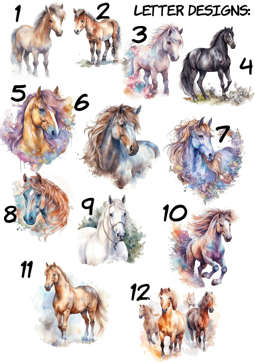 SET OF 3 Horses Personalized Print | Shire Friesian Thoroughbred Pony Bedroom Decor | Kids Watercolor Children Nursery Bedroom Art Wall