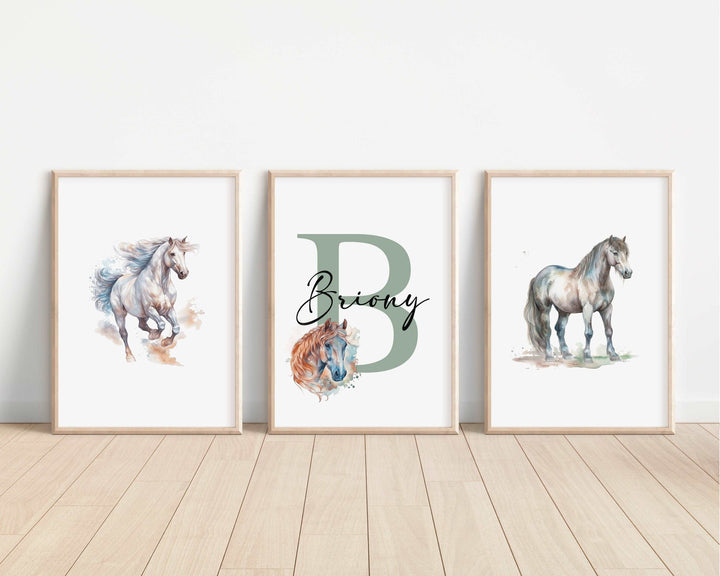 SET OF 3 Horses Personalized Print | Shire Friesian Thoroughbred Pony Bedroom Decor | Kids Watercolor Children Nursery Bedroom Art Wall