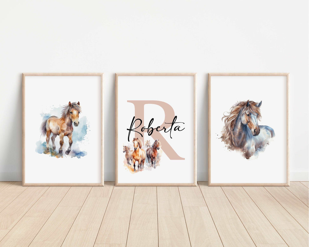 SET OF 3 Horses Personalized Print | Shire Friesian Thoroughbred Pony Bedroom Decor | Kids Watercolor Children Nursery Bedroom Art Wall