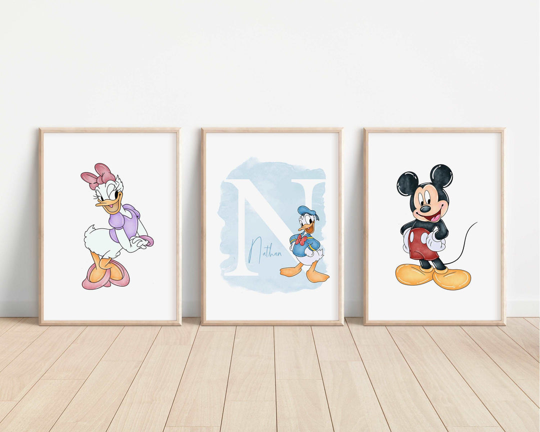 SET OF 3 Mickey & Friends Personalised Prints | Minnie Mouse Goofy Donald Pluto Daisy Bedroom Kids Children Nursery Art Wall Disney Pixar