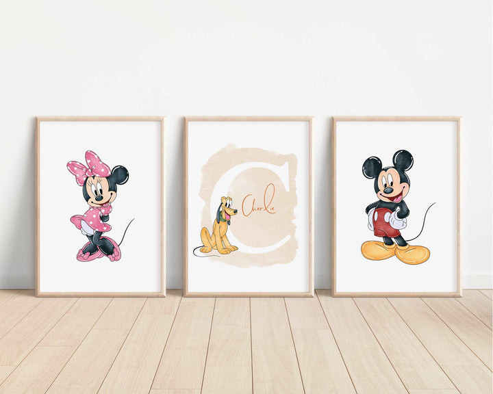 SET OF 3 Mickey & Friends Personalised Prints | Minnie Mouse Goofy Donald Pluto Daisy Bedroom Kids Children Nursery Art Wall Disney Pixar