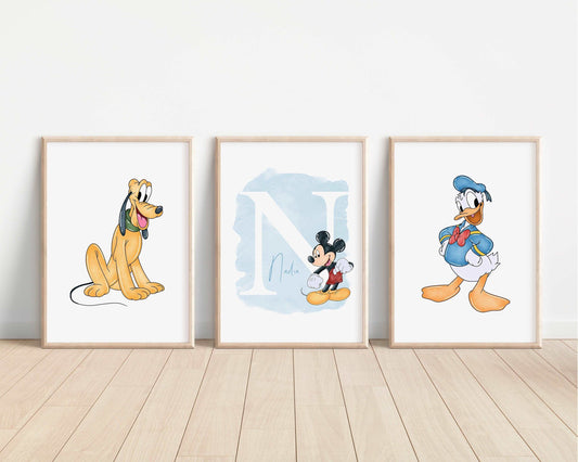 SET OF 3 Mickey & Friends Personalised Prints | Minnie Mouse Goofy Donald Pluto Daisy Bedroom Kids Children Nursery Art Wall Disney Pixar