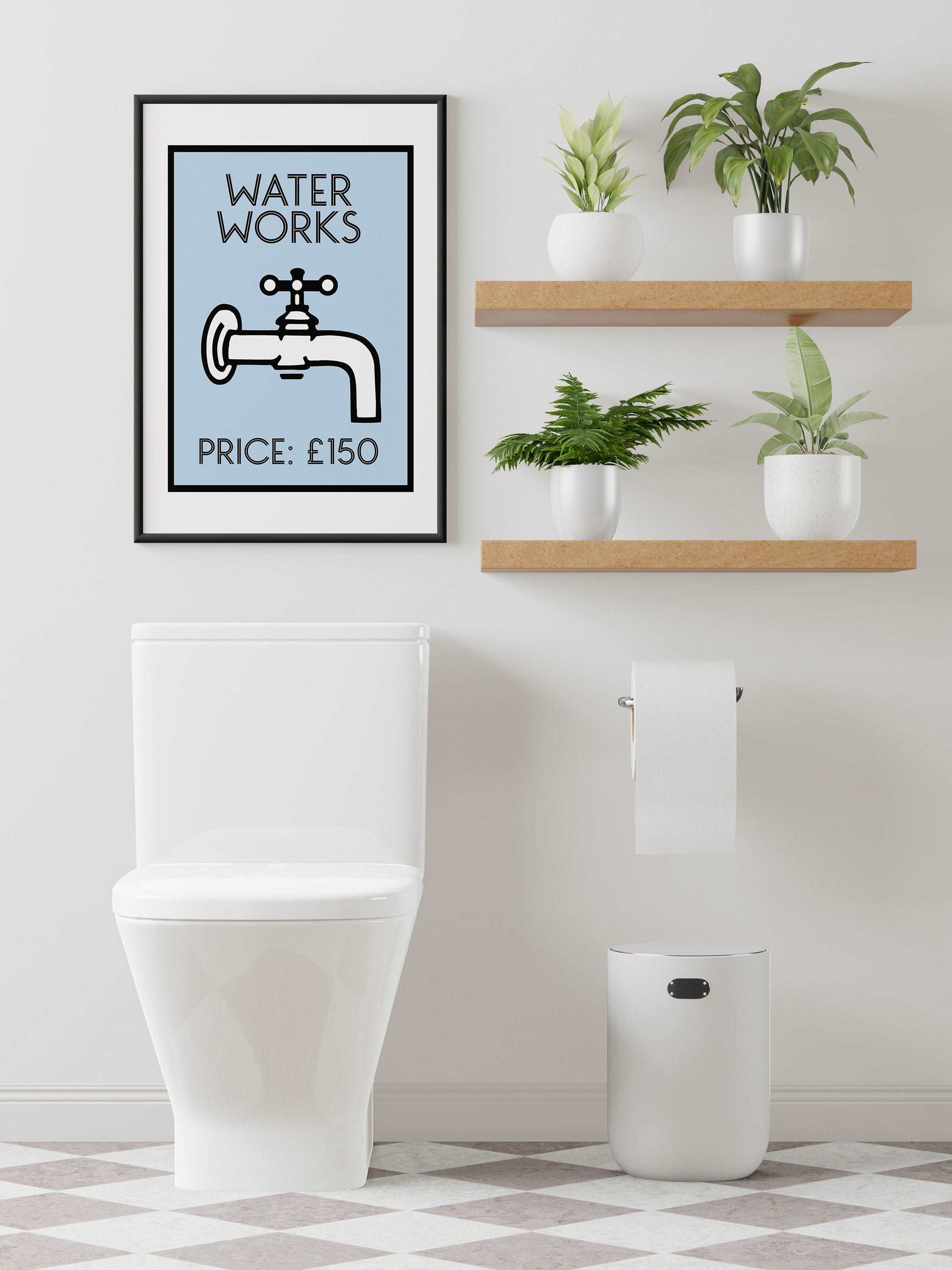 Waterworks Bathroom Print | Bath Shower Decor Restroom Wall Art | Monopoly Home Living Accessories Posters | Funny Home Gifts
