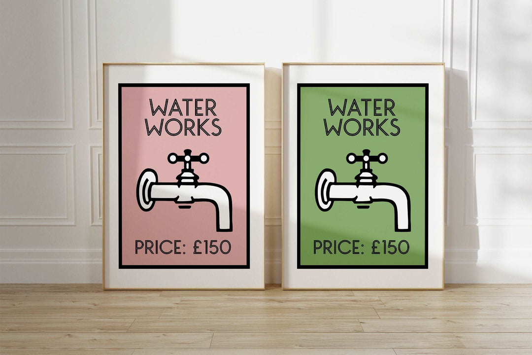 Waterworks Bathroom Print | Bath Shower Decor Restroom Wall Art | Monopoly Home Living Accessories Posters | Funny Home Gifts