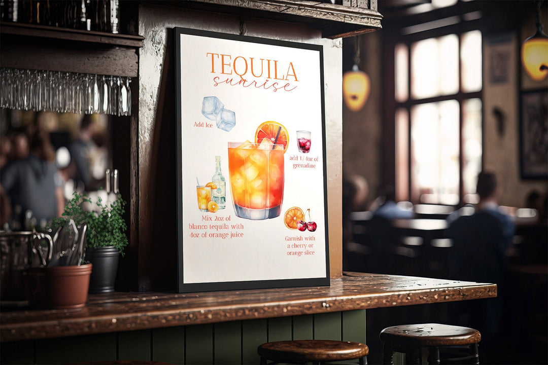 Tequila Sunrise Print | Cocktail Bar Sign Decor | Watercolour Make Your Own | Kitchen Recipes Home Wall Art Posters Alcohol Gift