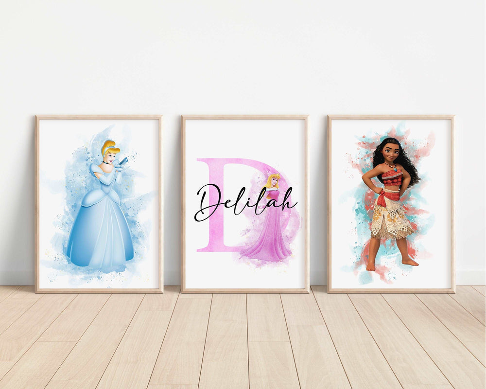 SET OF 3 Disney Princesses Personalised Print | Watercolour Elsa Anna Ariel Belle Bedroom Kids Children Nursery Bedroom Wall Disney Pixar