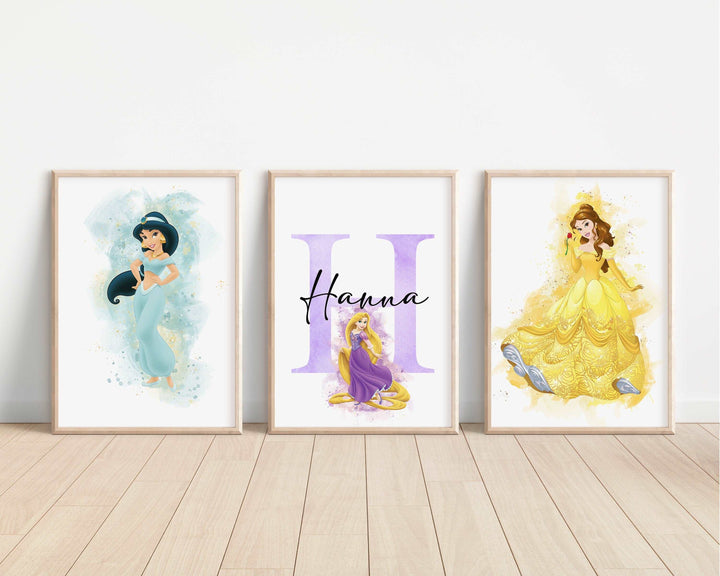 SET OF 3 Disney Princesses Personalised Print | Watercolour Elsa Anna Ariel Belle Bedroom Kids Children Nursery Bedroom Wall Disney Pixar