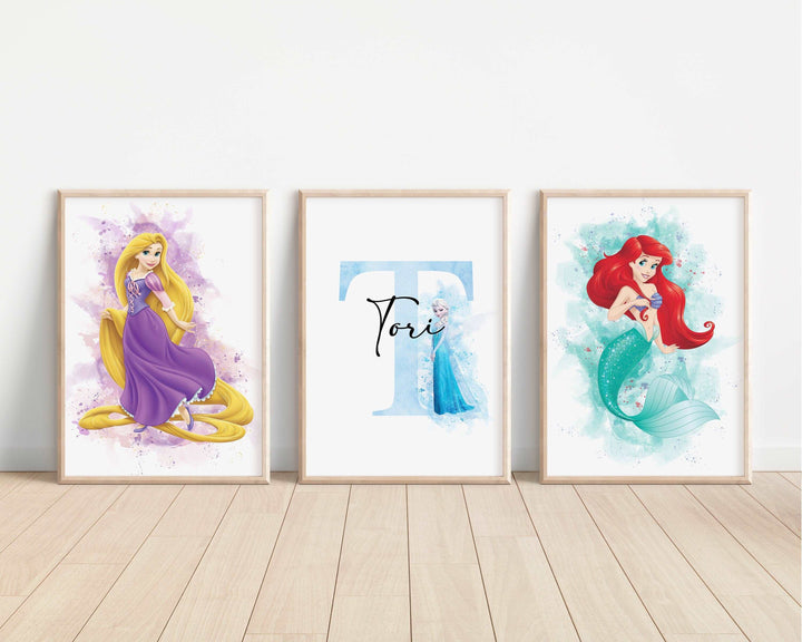 SET OF 3 Disney Princesses Personalised Print | Watercolour Elsa Anna Ariel Belle Bedroom Kids Children Nursery Bedroom Wall Disney Pixar