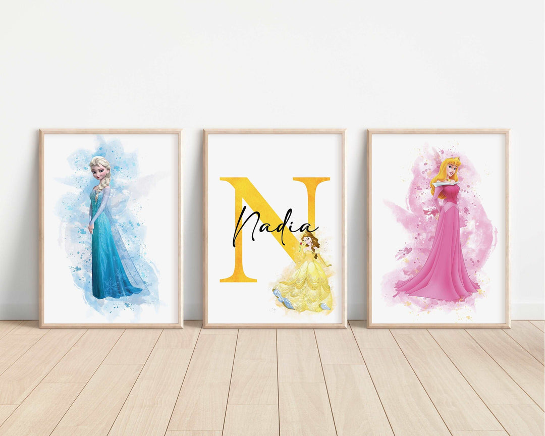 SET OF 3 Disney Princesses Personalised Print | Watercolour Elsa Anna Ariel Belle Bedroom Kids Children Nursery Bedroom Wall Disney Pixar