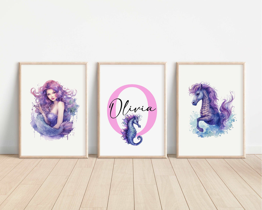 SET OF 3 Mermaids Personalized Print | Mythological Creatures Bedroom Decor | Kids Seahorse Fantasy Watercolour Children Nursery Art Wall